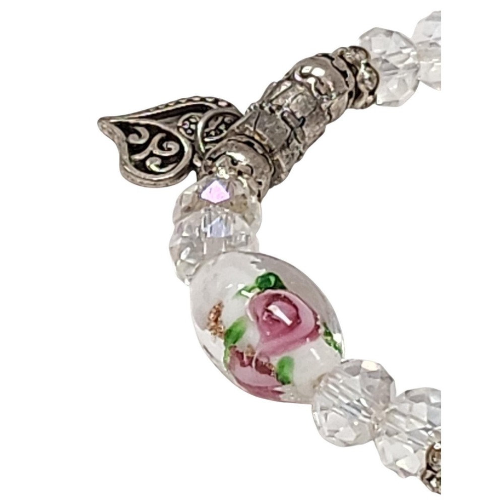 Vintage Style Floral Glass Rose Heart Charm Stretch Bracelet Silver Tone Pink - Picture 3 of 4